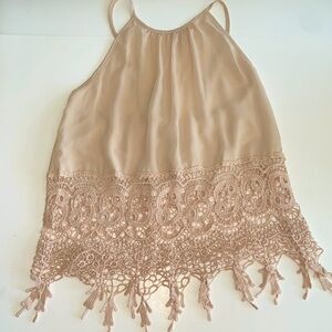 Buttons Cream Crochet Lace Trim Spaghetti Strap Open Back Boho Halter Top